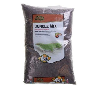 Bag of Zilla Jungle Mix fish food with a green fish illustration and a 4 qt label.