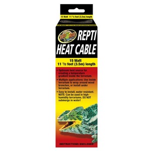 Zoo Med Repti Heat Cable packaging in black and yellow, 15W, 11.5 ft length, with a crocodile graphic.