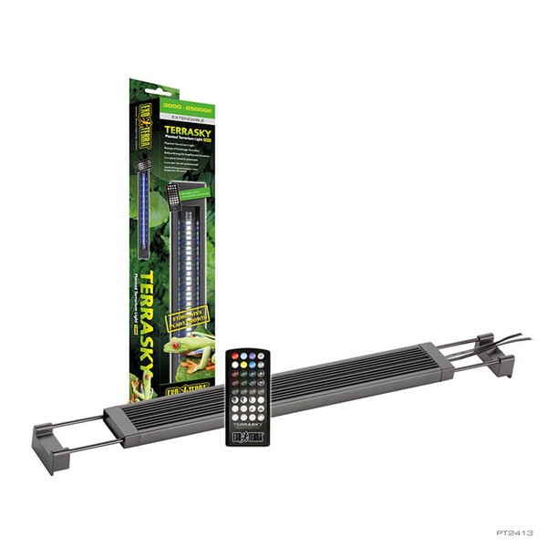 Terrasky LED grow light strip with remote and power cable, packaging box standing beside it.