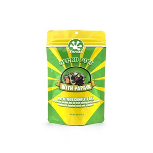 Pangea Gecko Diet with Papaya bag, green and yellow with sunburst and a gecko graphic.