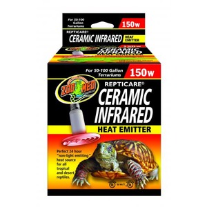 Box of Zoo Med ReptiCare Ceramic Infrared Heat Emitter 150W for 50–100 gallon terrariums, with a turtle image.