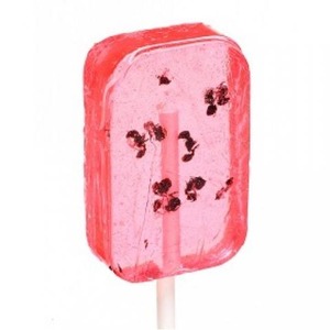 Pink rectangular popsicle on a stick with dark specks embedded in it