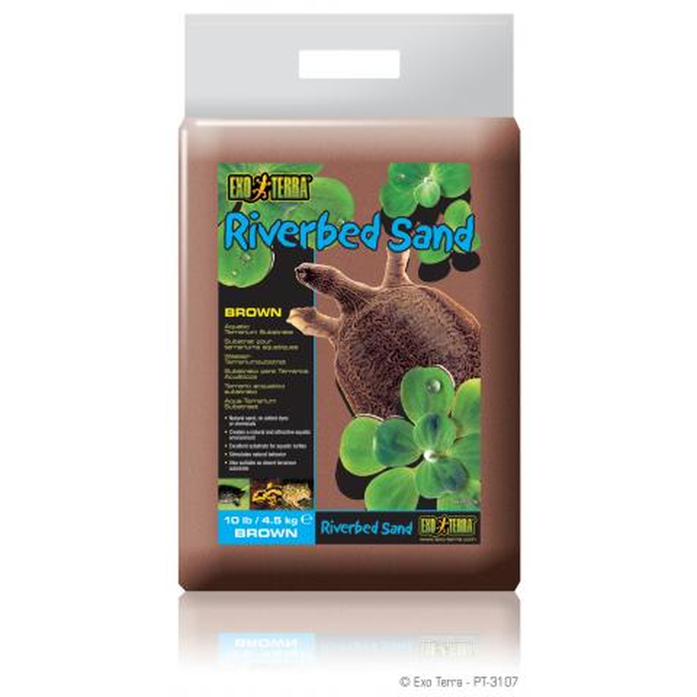 Brown Riverbed Sand bag with a large root graphic and green leaves on front.