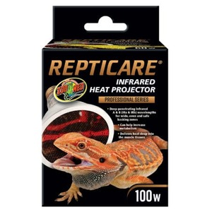 Repticare infrared heat projector box featuring a bearded dragon and a 100W label.