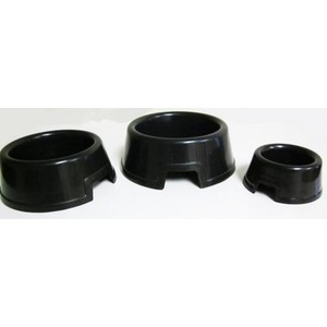 Three black plastic pet bowls in various sizes on a white surface.