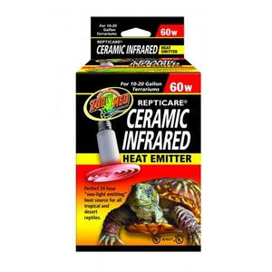 Reptile heater: Ceramic Infrared Heat Emitter 60W for 10–20 gallon terrariums, featuring a lizard.