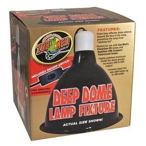 Box for Deep Dome Lamp Fixture showing a black dome reflector with white socket, Zoo Med branding and features.