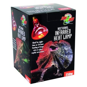 Box for Nocturnal Infrared Heat Lamp, 250W, showing a red heat lamp and a colorful lizard illustration.
