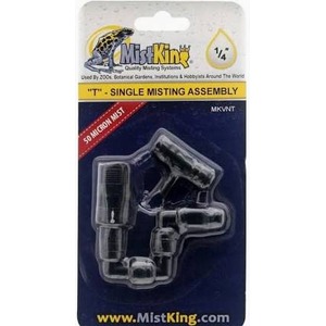 Mist King 1/4" single misting assembly in clear packaging with blue backing and branding.