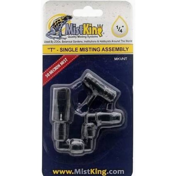 Mist King 1/4" single misting assembly in clear packaging with blue backing and branding.