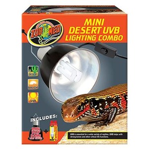 Zoo Med Mini Desert UVB Lighting Combo packaging with a reflector heat lamp and a corn snake.