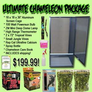 Bright green ad for Ultimate Chameleon Package featuring aluminum cage, lamp, thermometer, vines, calcium, spray bottle, care book; $199.99.