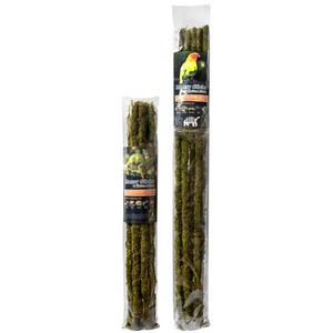 Two mossy perches in clear packaging with colorful parrot labels for climbing and hanging.