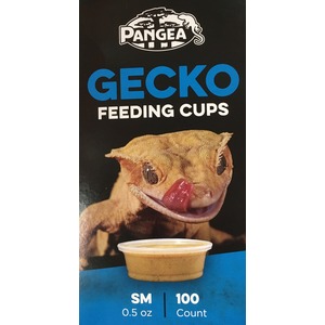 Gecko illustration on packaging for Pangea Gecko Feeding Cups, with a small cup of beige food at the bottom.