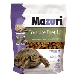 Mazuri Tortoise Diet LS bag with purple packaging and a tortoise foreground.