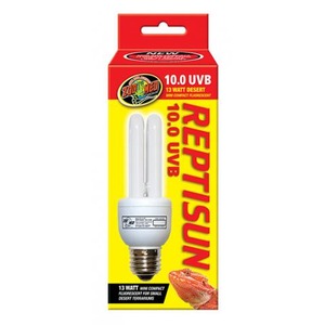 Reptisun 10.0 UVB compact bulb in bright red-yellow packaging for desert reptiles.