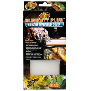 Packaging for Zoo Med Humidity Plus silicone terrarium cover featuring a lizard image and a 16" x 16" label.