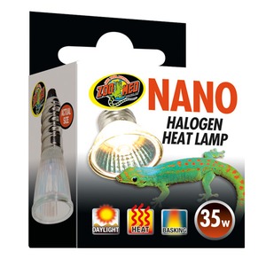 Zoo Med Nano Halogen Heat Lamp packaging with a green gecko, 35W, showing daylight, heat, basking icons.