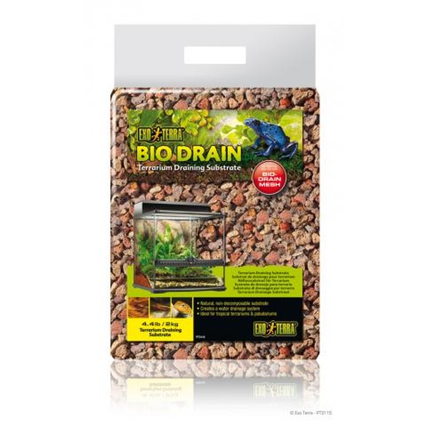 Bag of Exo Terra BioDrain terrarium drainage substrate featuring a terrarium image and a blue frog.