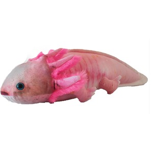 Pink axolotl plush toy with bright pink feathery gills and blue eye.