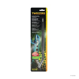 Packaging for tweezers with black-yellow design, showing a blue lizard image and curved stainless-steel tool.