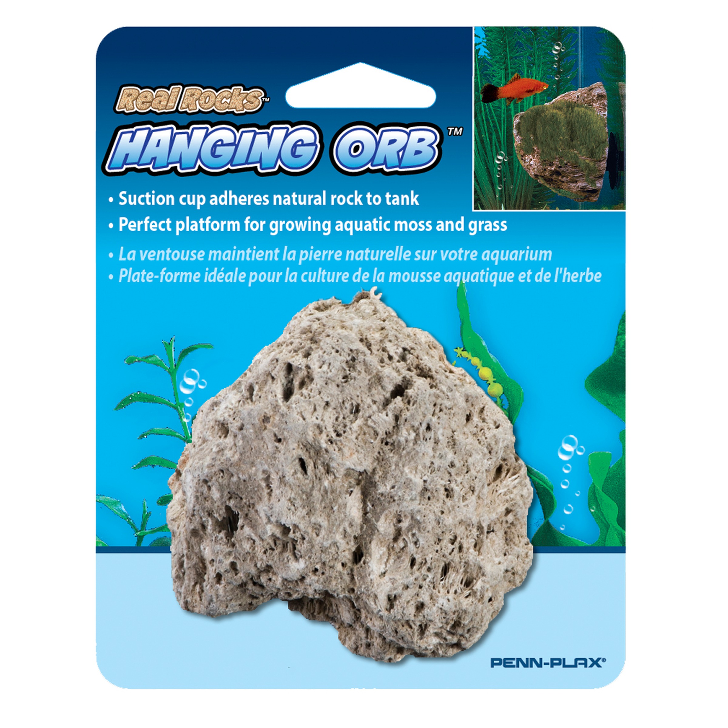 Real Rocks Hanging Orb suction cup rock for aquariums; beige porous rock on blue packaging, inset fish photo.