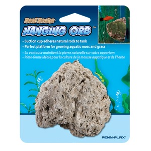 Real Rocks Hanging Orb suction cup rock for aquariums; beige porous rock on blue packaging, inset fish photo.