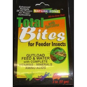 Packaging for Total Bites feeder insect supplement: gutload with vitamins, minerals, amino acids; all-in-one diet with spirulina, 2 oz.