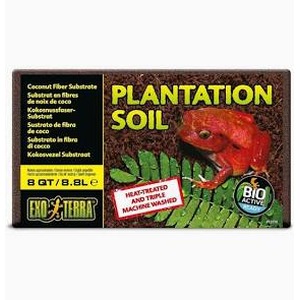 Plantation Soil coconut fiber substrate box with a red frog graphic and green leaves on dark background.