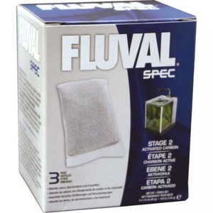 Fluval Spec product box with a white filter pad and an inset image labeled Stage 2 activated carbon.