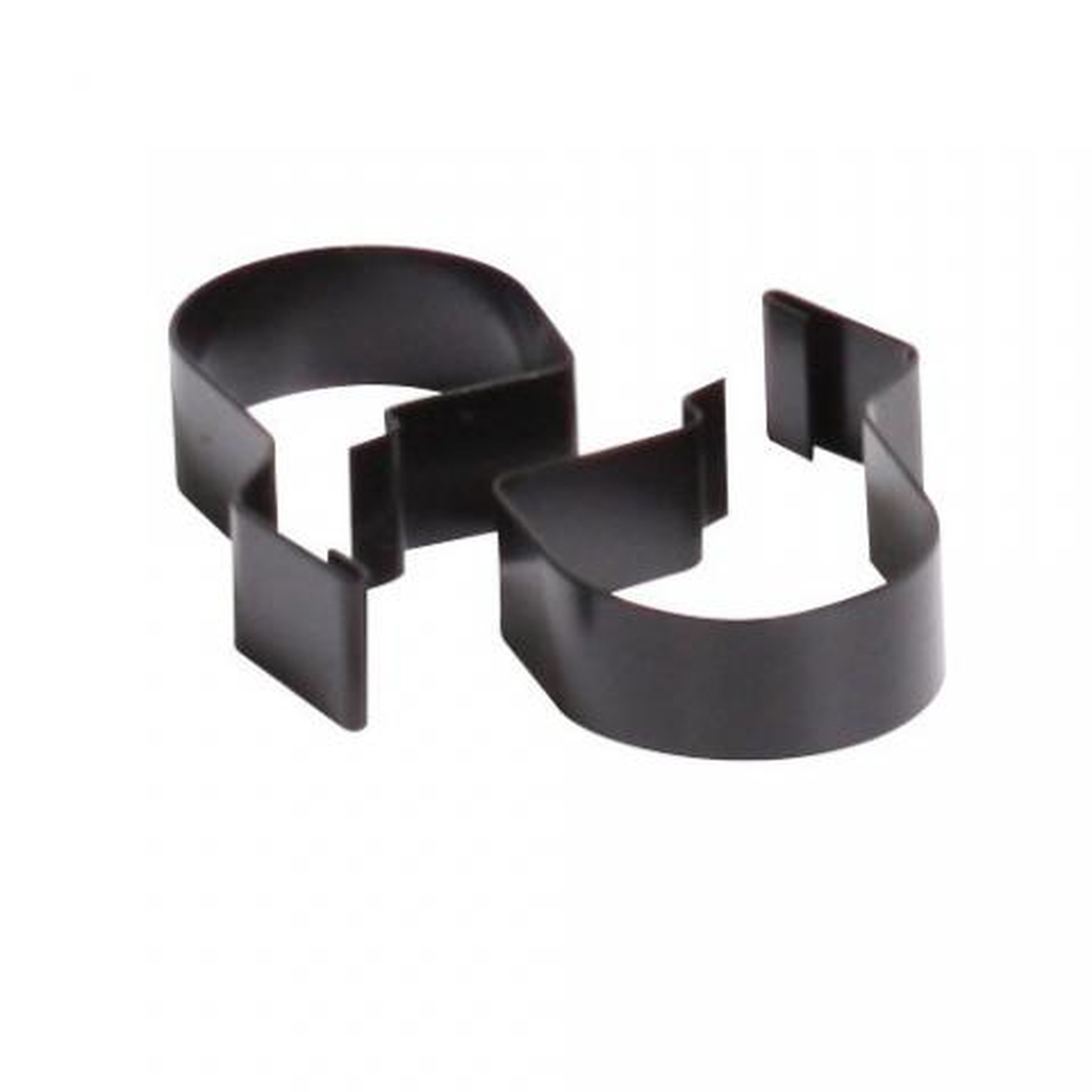 Two black circular metal clamps with side tabs, connected to form a clip pair.