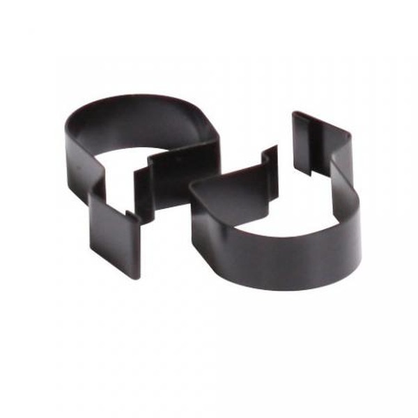 Two black circular metal clamps with side tabs, connected to form a clip pair.