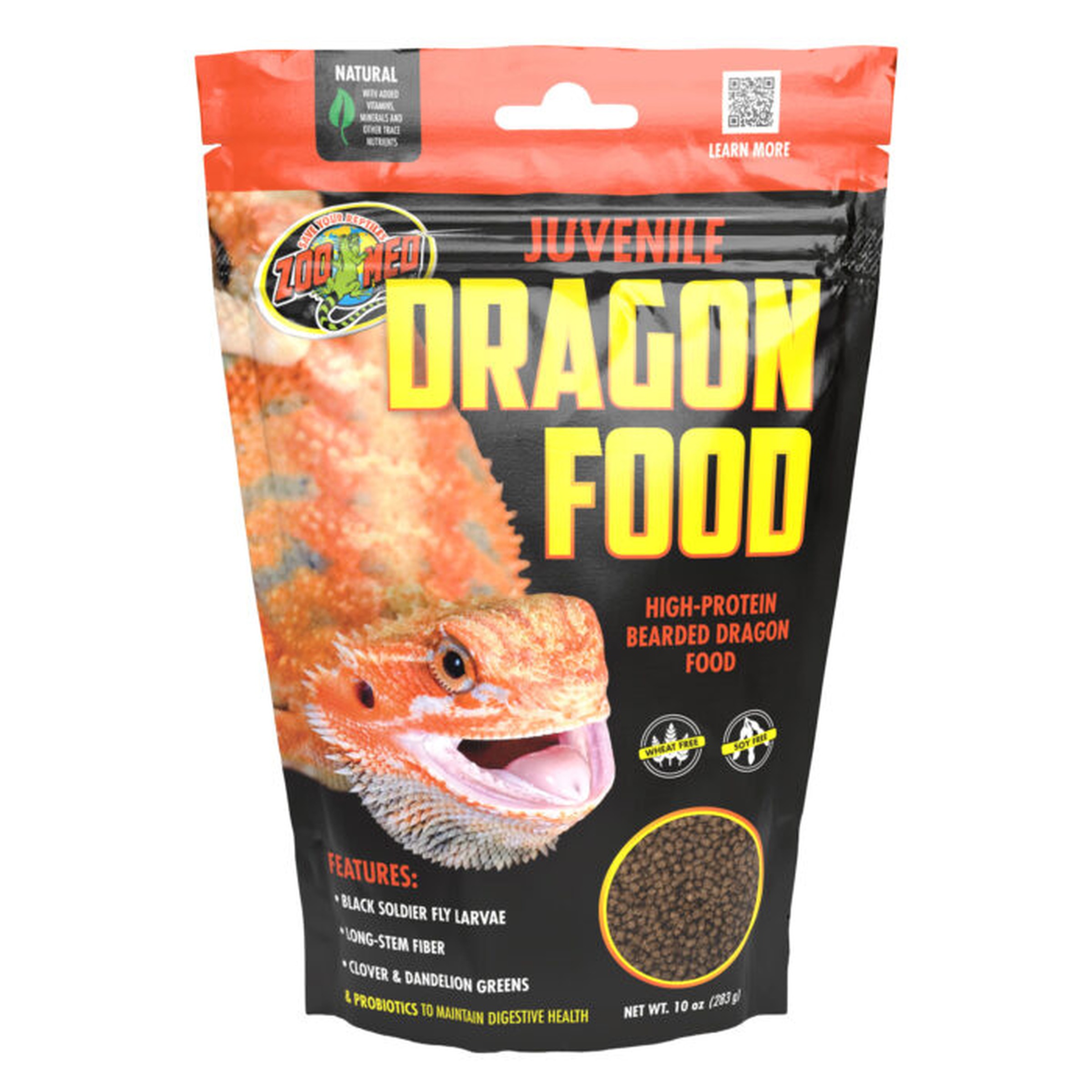 Juvenile Dragon Food bag for bearded dragons, with an orange lizard open-mouthed and a circular kibble image.