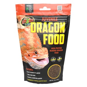Juvenile Dragon Food bag for bearded dragons, with an orange lizard open-mouthed and a circular kibble image.