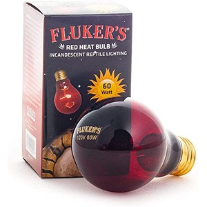 Red heat bulb in front of a dark Fluker’s box labeled incandescent reptile lighting, 60W 120V.