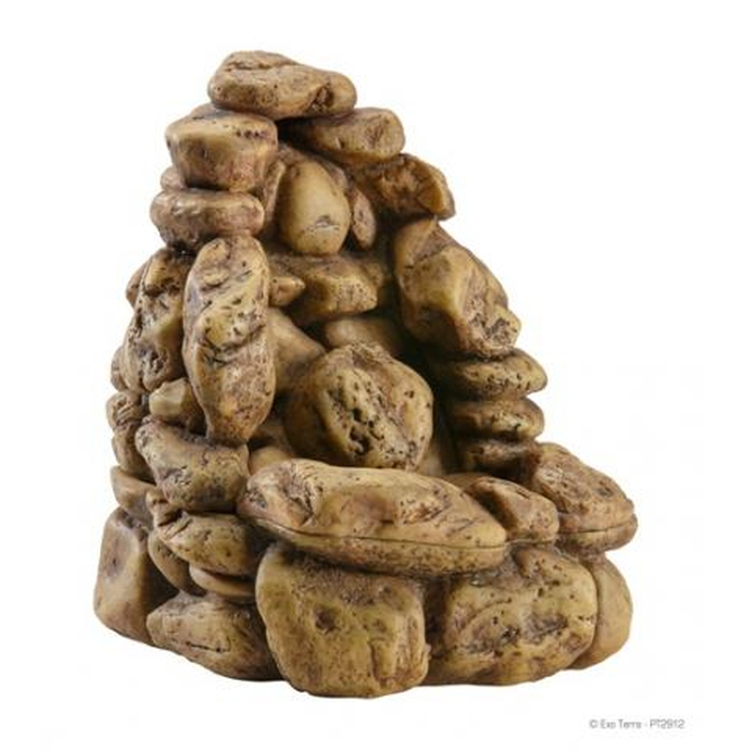 Cone-shaped stack of irregular brown cookies on a white background.
