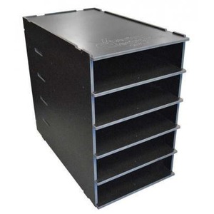Black metal 4-tier open-shelf storage cabinet.
