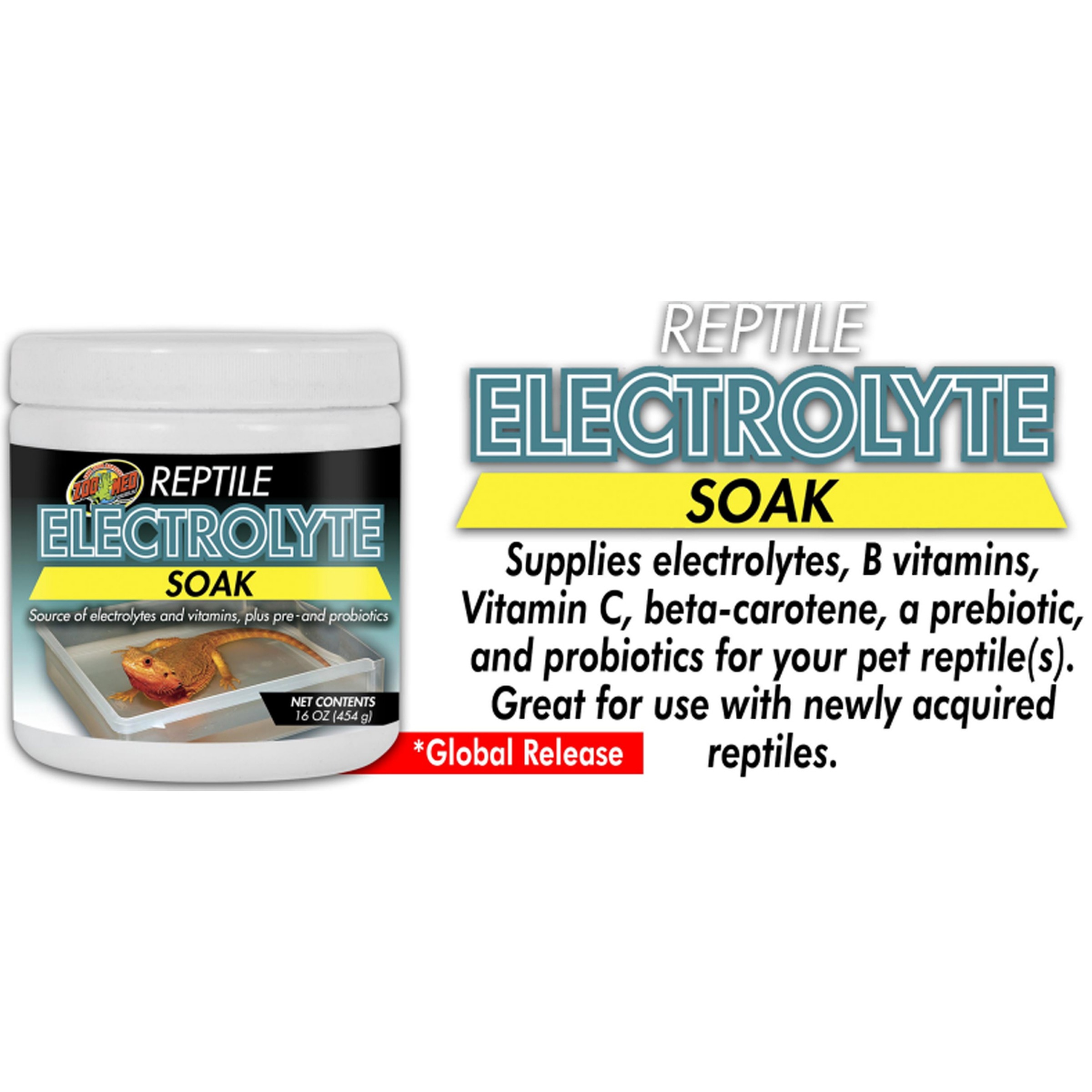 Reptile electrolyte soak jar with blue text, yellow “SOAK” banner, and product description for pets.
