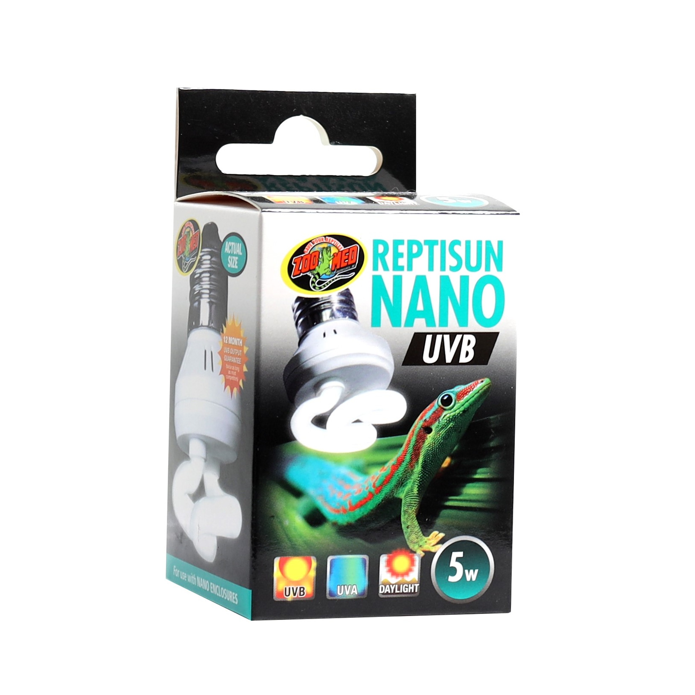 Reptisun Nano UVB packaging featuring a green gecko and a compact UVB bulb illustration.