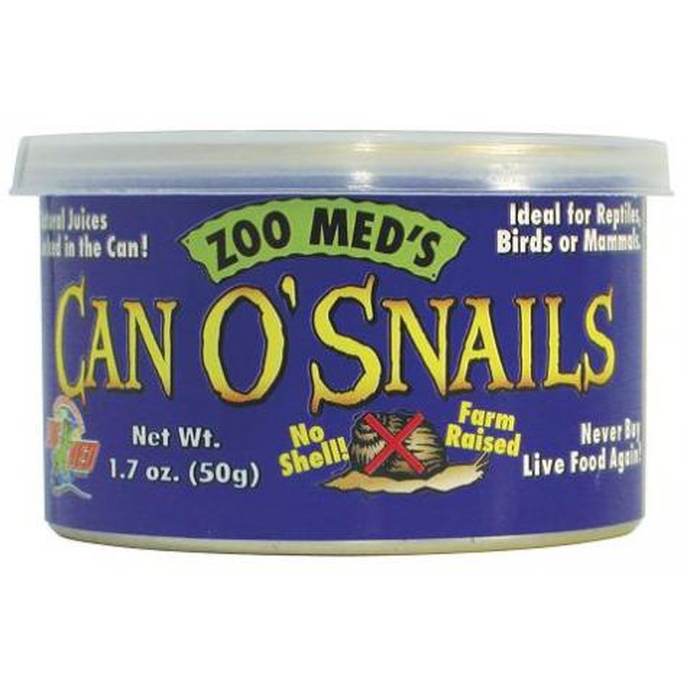 Blue can labeled Zoo Med's Can O'Snails for reptiles; net weight 1.7 oz.