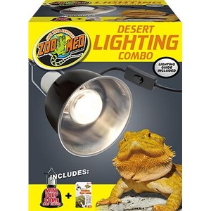 Zoo Med Desert Lighting Combo packaging featuring a clamp lamp and a bearded dragon on rocks.