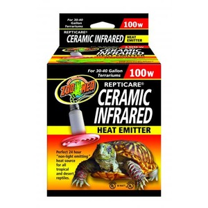Zoo Med ReptiCare Ceramic Infrared Heat Emitter 100W for 30–40 gal terrariums; packaging shows a lizard and a turtle.