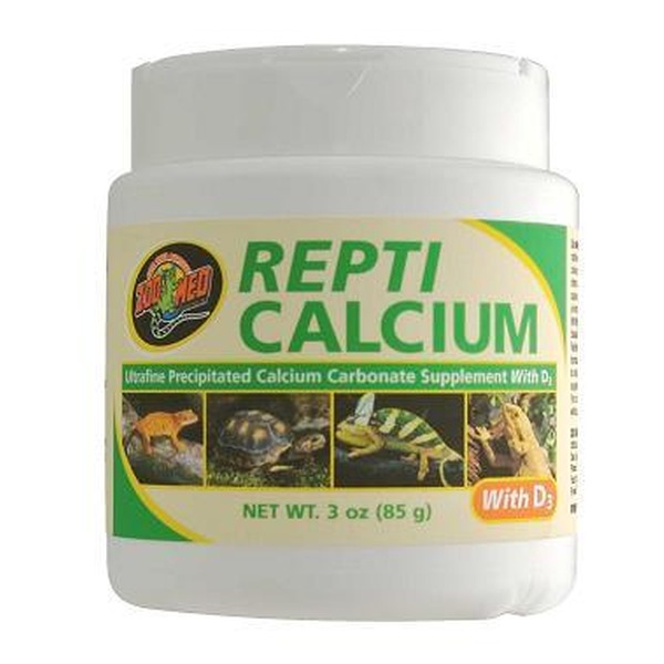 White bottle labeled Repti Calcium with green/yellow band; features photos of reptiles and net weight 3 oz (85 g).