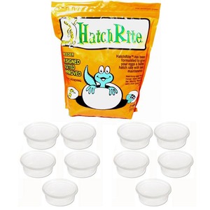 Orange Hatch Rite bag with a cartoon hatching chick, plus several clear plastic cups arranged nearby.