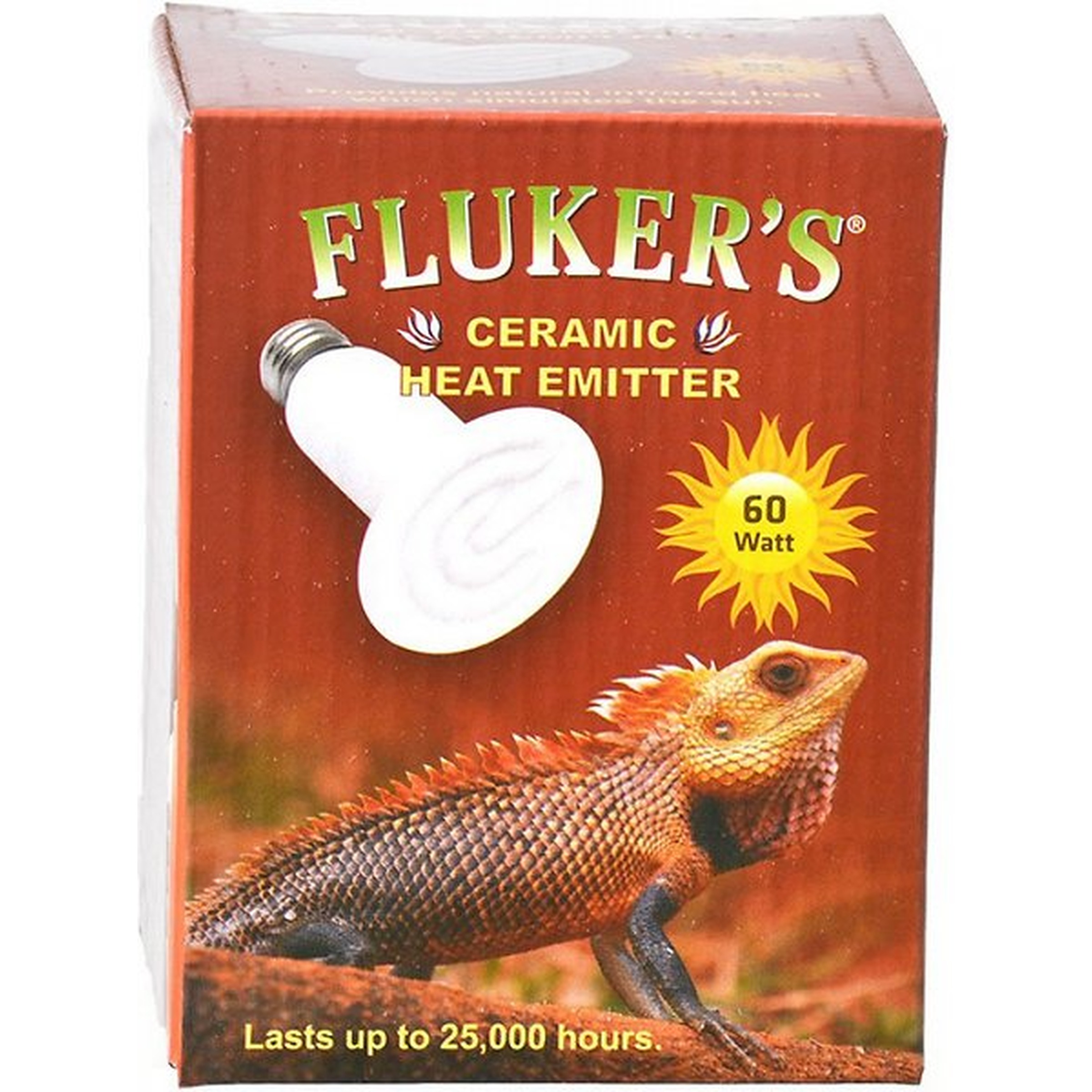 Fluker's Ceramic Heat Emitter box with a white bulb illustration, a 60-watt sun badge, and a bearded dragon on the front.