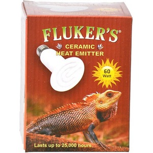 Fluker's Ceramic Heat Emitter box with a white bulb illustration, a 60-watt sun badge, and a bearded dragon on the front.