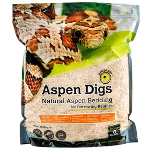 Bag labeled Aspen Digs Natural Aspen Bedding for Burrowing Reptiles; packaging features a snake image.