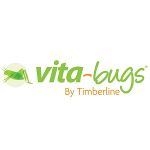 Vita-bugs by Timberline logo in green script with a leaf insect graphic on a pale circle.