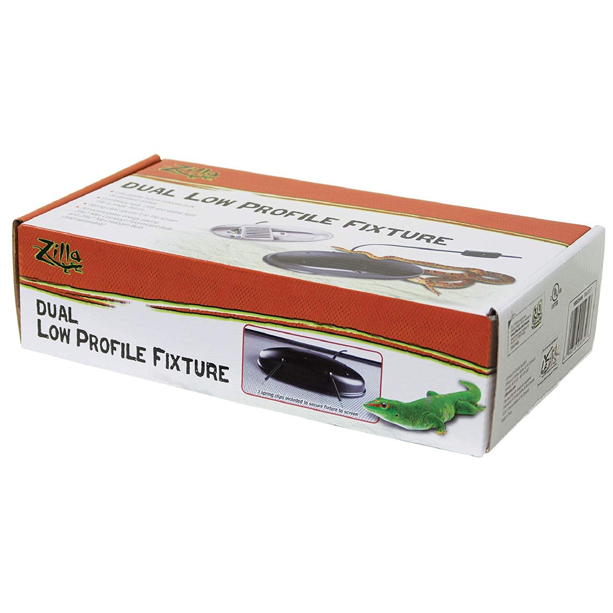 Zilla Dual Low Profile Fixture packaging showing product image and a green lizard toy.