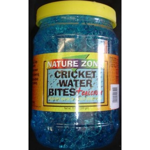 Blue slime in a jar with a yellow lid; label reads Nature Zone Cricket Water Bites + Calcium.